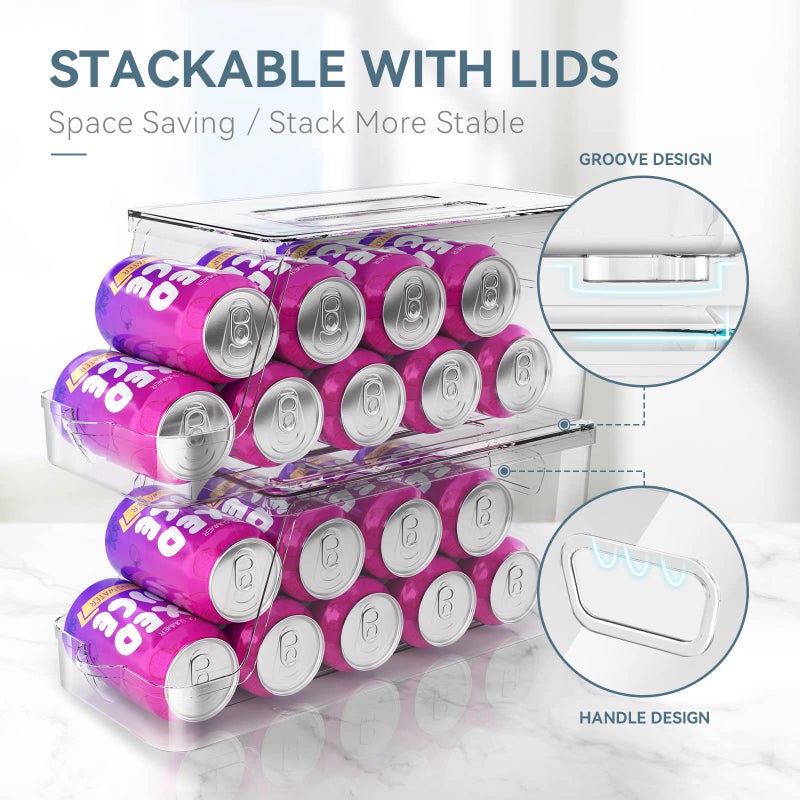 theaoo Soda Can Dispenser for Refrigerator with Lids  Stackable Drink Organizer for Fridge  Clear Plastic Refrigerator Organizer Bins  Beverage Can Holders for Pantry  Freezer  Kitchen  Cabinets Set of 2 - Image 2